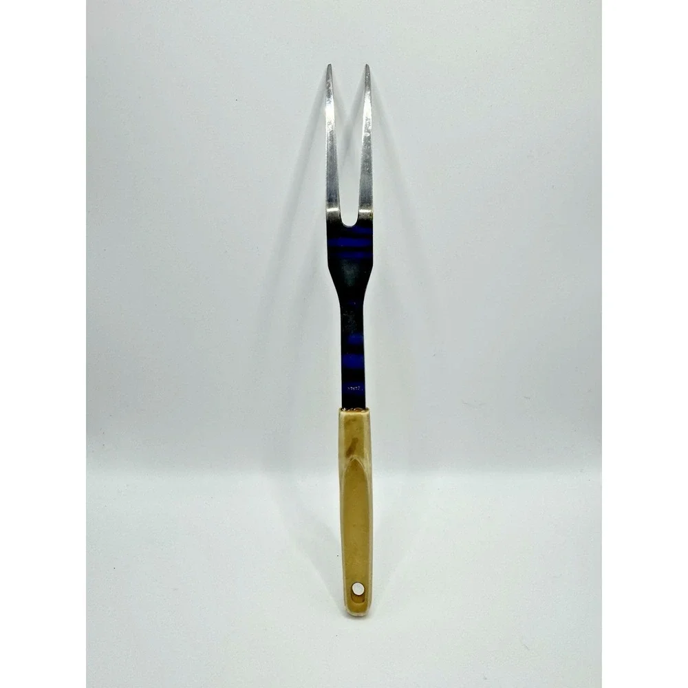 Vintage Japan Stainless Steel Plastic Handle Blue Gold Floral Design Meat Fork